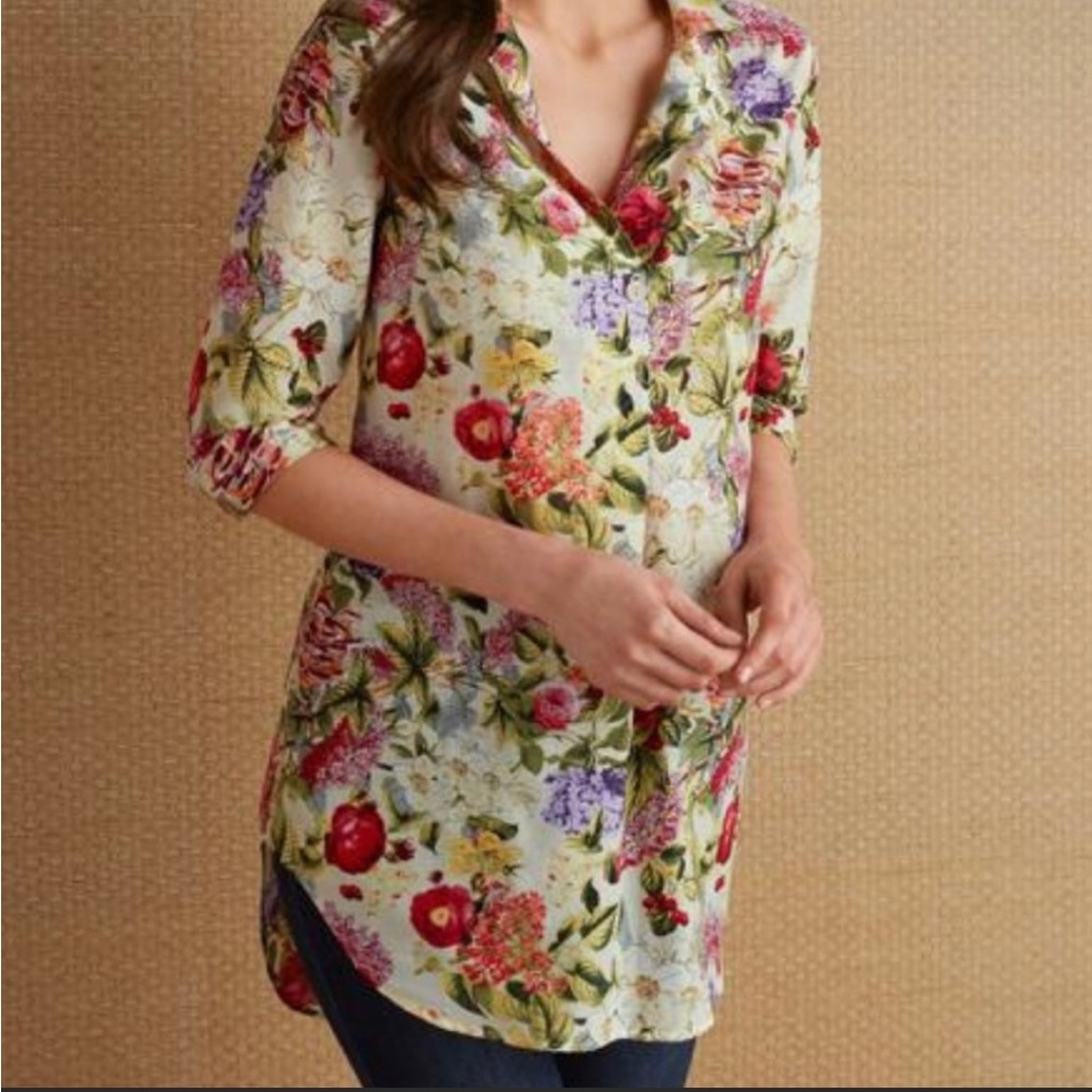 Soft Surroundings Cotton Silk Colorful All Over Floral Long Sleeve Shirt Tunic M